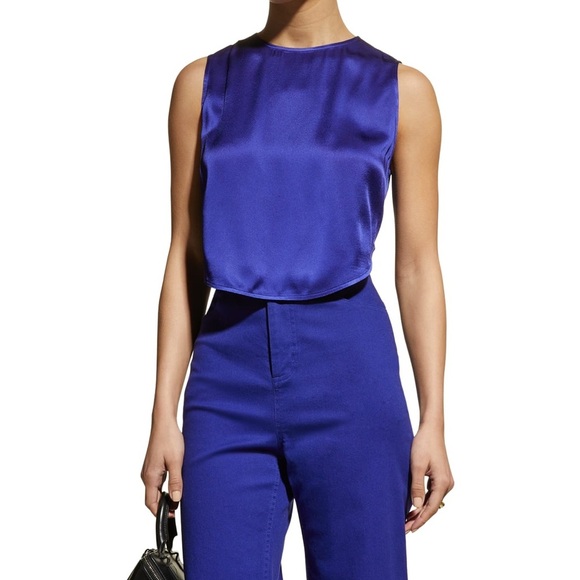 LaPointe SATIN ROUND-HEM CROP TANK TOP IN INDIGO 6 - Picture 1 of 10